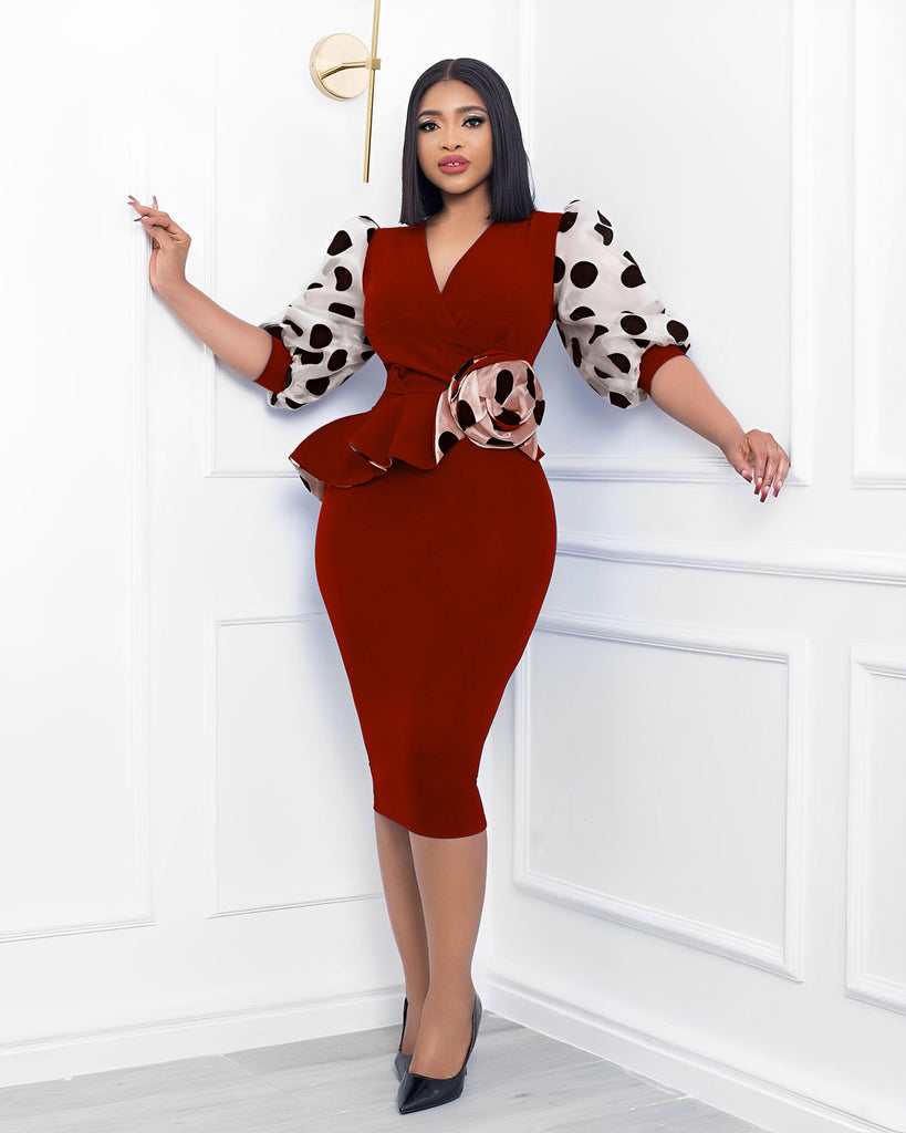 Women's Knitted Stitching Dot Print Puff Sleeve Pencil Dress