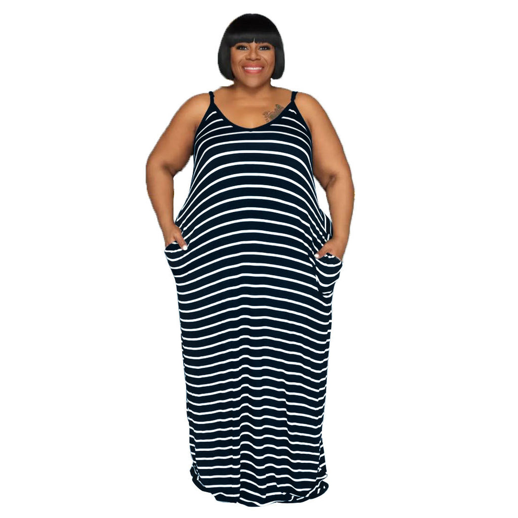 Women's Striped Suspender Dress Large Size Women's Dress for Plump Girls