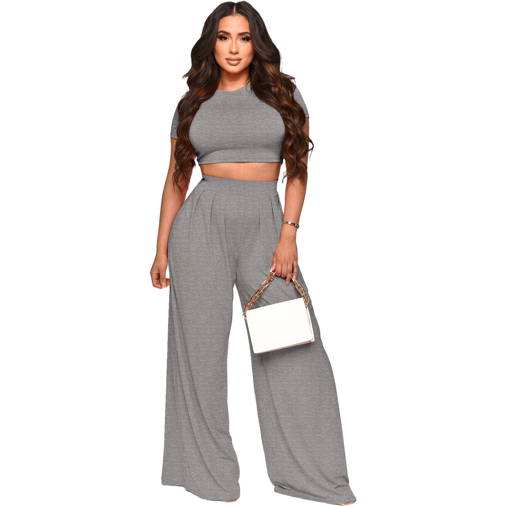 European and American Fashion Navel Solid Color Wide-Leg Pants Two-Piece Suit