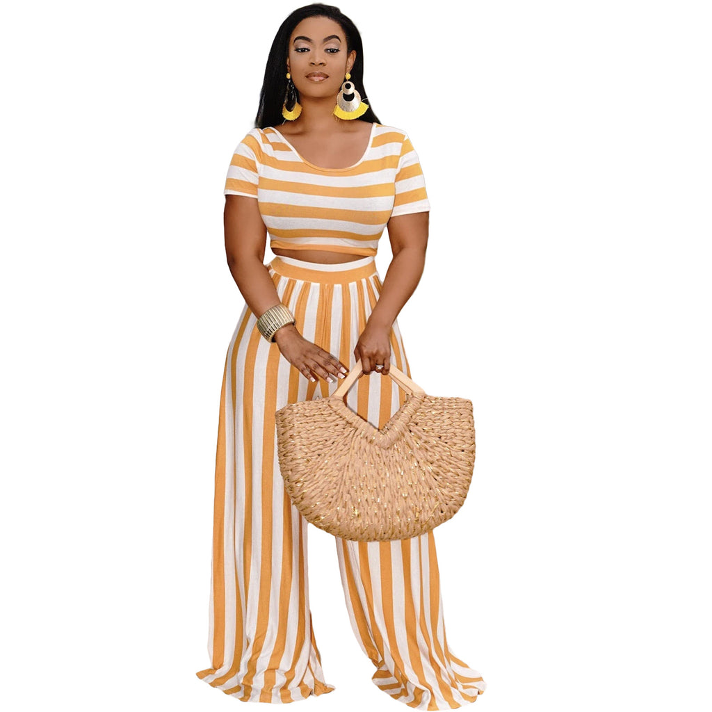 European and American Fashion Navel Striped Wide-Leg Pants Two-Piece Suit