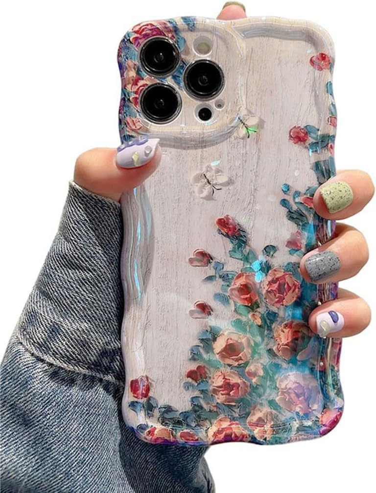 Case for iPhone 13 Pro Max, Colorful Retro Oil Painting Printed Flower Laser Glossy Pattern Cute Curly Wave Edge Exquisite, Stylish Durable TPU Protective Phone Cover for Girls Women