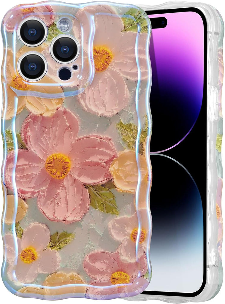 Case for iPhone 13 Pro Max, Colorful Retro Oil Painting Printed Flower Laser Glossy Pattern Cute Curly Wave Edge Exquisite, Stylish Durable TPU Protective Phone Cover for Girls Women