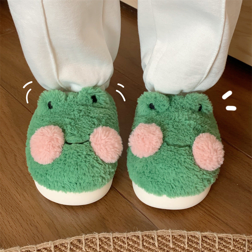 Women's Cute Cartoon Frog Design Slide Slippers for Girls, Winter Plush Warm Bedroom Fuzzy Slippers, Non-slip Comfortable Home Footwear & Walking Shoes, Holiday Gifts