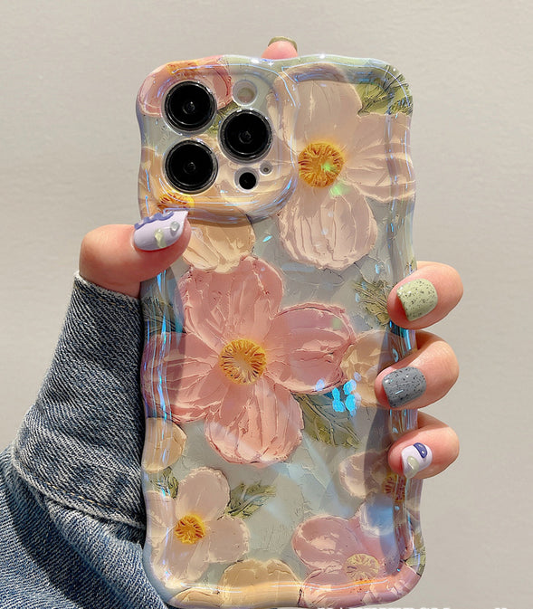 Case for iPhone 13 Pro Max, Colorful Retro Oil Painting Printed Flower Laser Glossy Pattern Cute Curly Wave Edge Exquisite, Stylish Durable TPU Protective Phone Cover for Girls Women