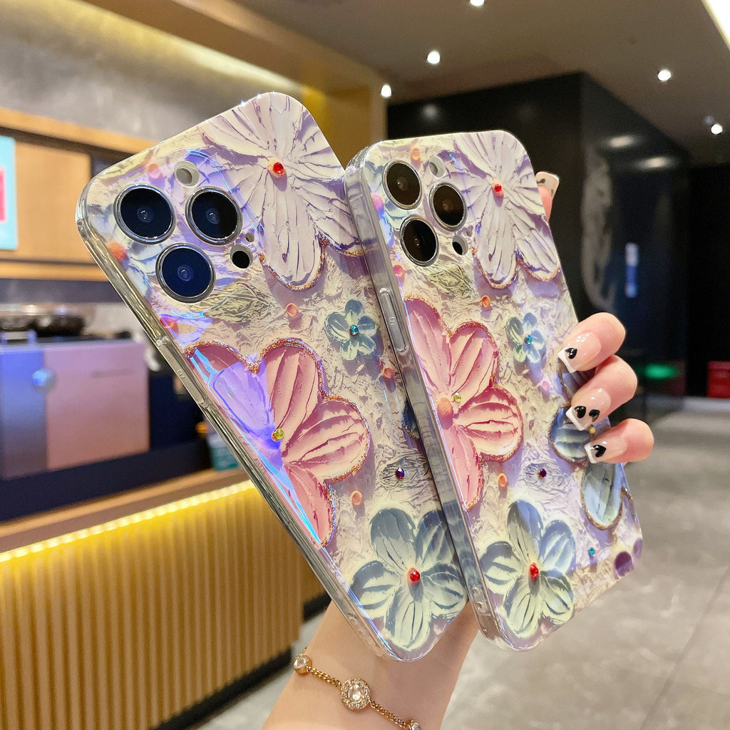 Case for iPhone 13 , Colorful Retro Oil Painting Flower Laser Glossy Pattern Cute Exquisite Floral Blossom Phone Cover Stylish Durable TPU Protective Case for Girls Women - Pink Flower