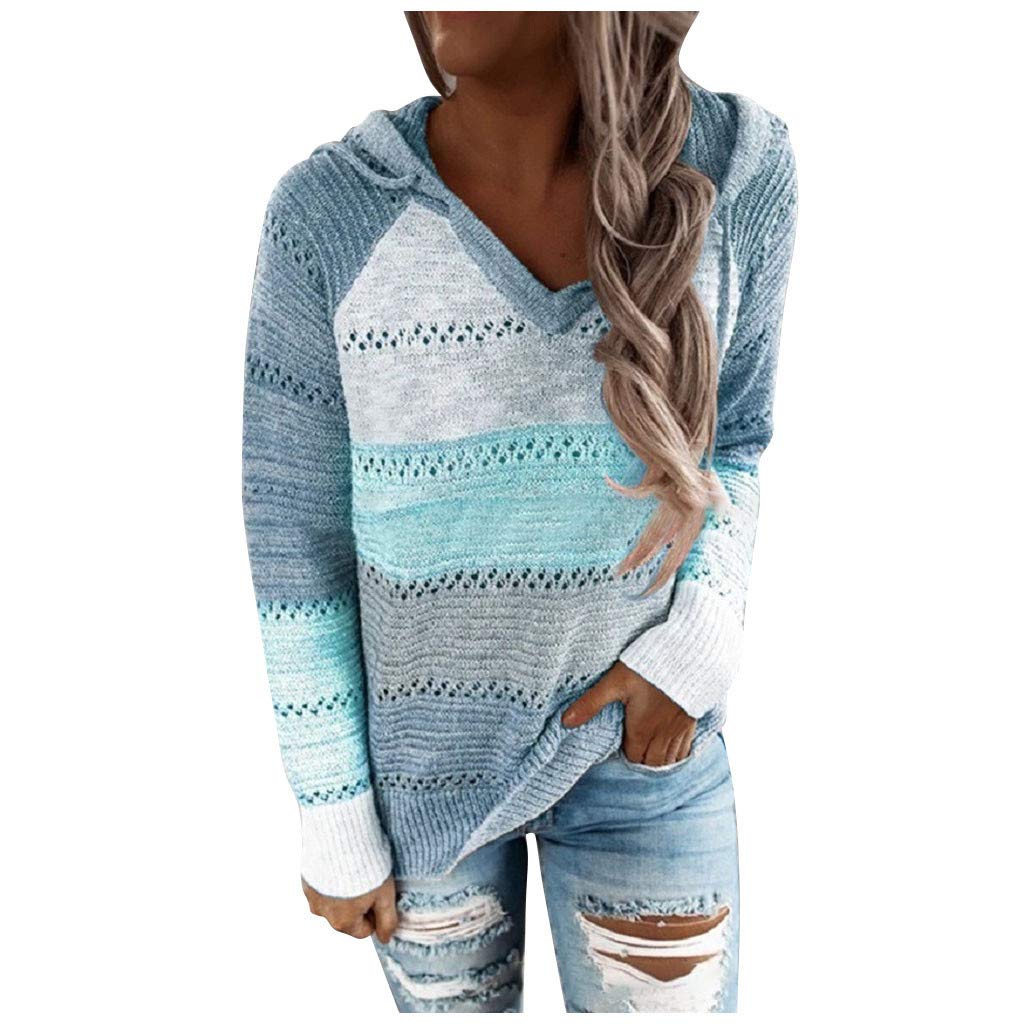 Women's Hoodies Color Block Knit Sweaters Long Sleeve V Neck Drawstring Loose Pullover Sweatshirts Streetwear