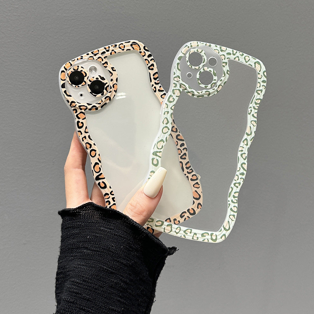 Compatible with iPhone 14 Plus Case Clear with Green Leopard Print Frame Design for Men Women Girls,Aesthetic Cute Wavy Soft Shockproof Cell Phone Cover for 14 Plus