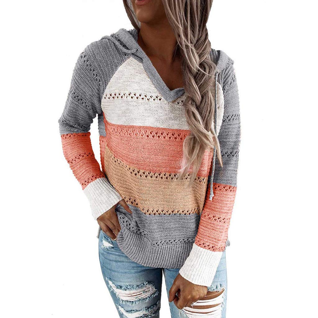 Women's Hoodies Color Block Knit Sweaters Long Sleeve V Neck Drawstring Loose Pullover Sweatshirts Streetwear