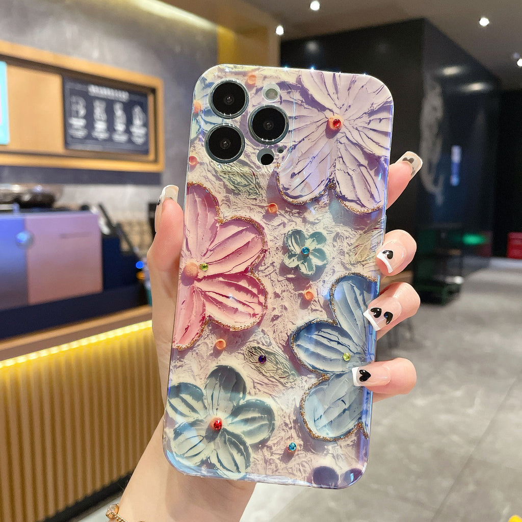 Case for iPhone 13 , Colorful Retro Oil Painting Flower Laser Glossy Pattern Cute Exquisite Floral Blossom Phone Cover Stylish Durable TPU Protective Case for Girls Women - Pink Flower