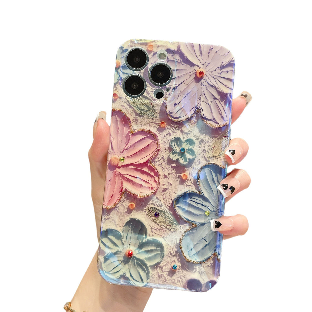 Case for iPhone 13 , Colorful Retro Oil Painting Flower Laser Glossy Pattern Cute Exquisite Floral Blossom Phone Cover Stylish Durable TPU Protective Case for Girls Women - Pink Flower