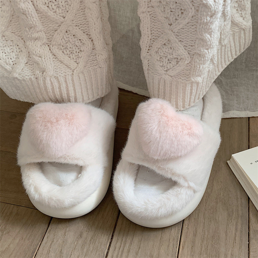 1 Pair Women's Heart Design Plush Slippers, Warm Bedroom Slippers,  Fluffy Winter House Shoes Indoor And Outdoor For Women & Girls