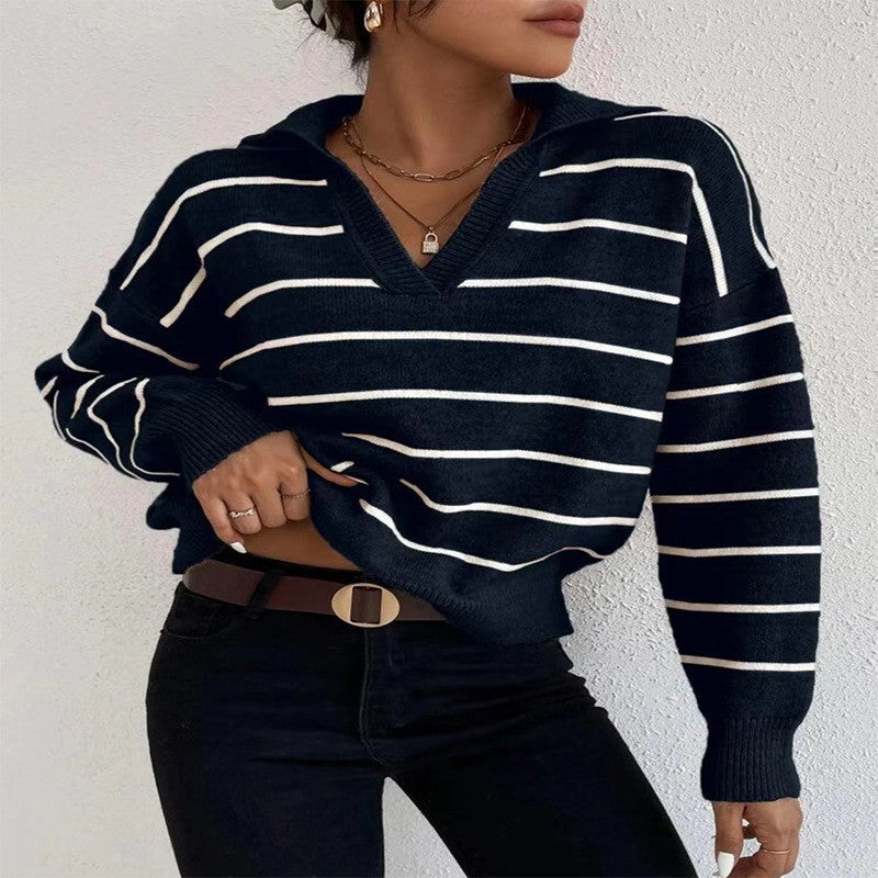 Women's Striped Collar V Neck Knitted Sweater, GTrendy Casual Preppy Comfy Long Sleeve Knit Pullover Jumper for Autumn Winter, Korean Style Clothes, Women 2023 Clothes