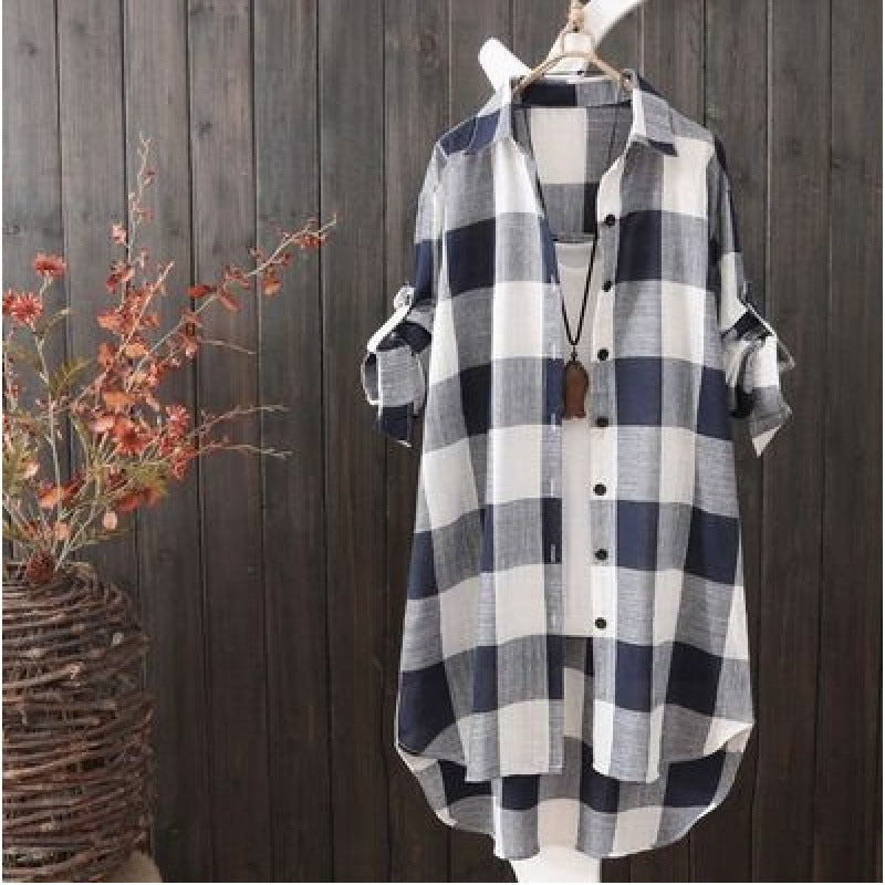 Plus Plaid Print Button Front High Low Roll Up Sleeve Shirt Without Tee & Necklace, Casual Oversized Long Sleeve Collared Top For Spring & Fall, Women's Breathable & Thin Clothes For Daily Wear