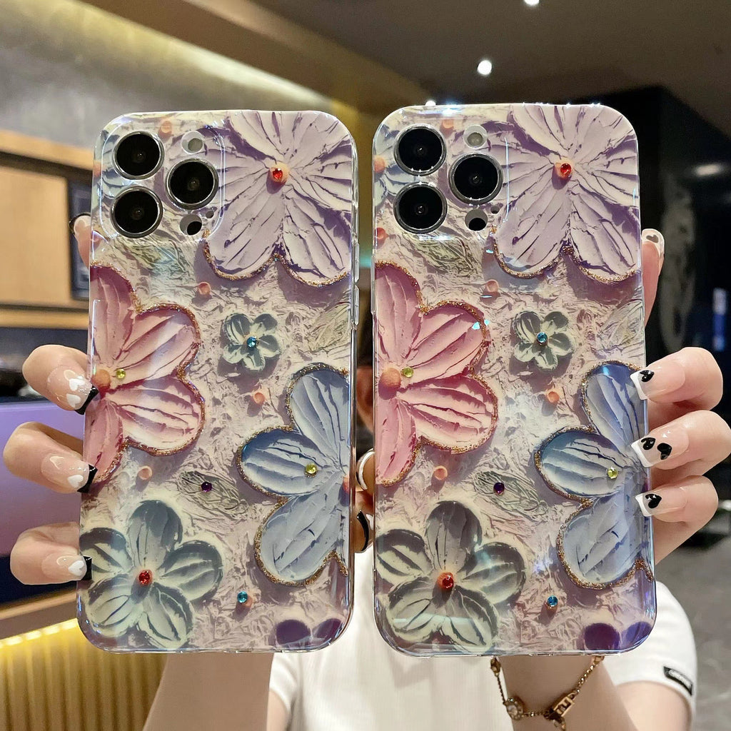 Case for iPhone 13 , Colorful Retro Oil Painting Flower Laser Glossy Pattern Cute Exquisite Floral Blossom Phone Cover Stylish Durable TPU Protective Case for Girls Women - Pink Flower