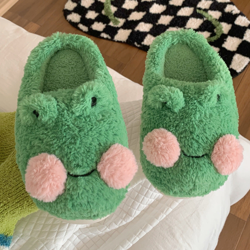 Women's Cute Cartoon Frog Design Slide Slippers for Girls, Winter Plush Warm Bedroom Fuzzy Slippers, Non-slip Comfortable Home Footwear & Walking Shoes, Holiday Gifts