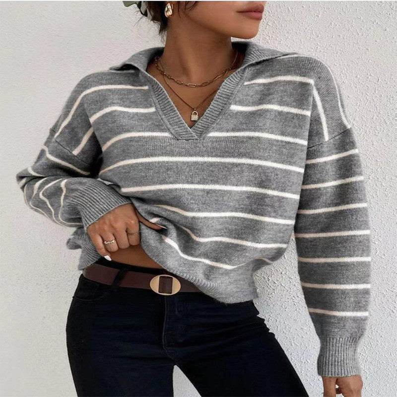 Women's Striped Collar V Neck Knitted Sweater, GTrendy Casual Preppy Comfy Long Sleeve Knit Pullover Jumper for Autumn Winter, Korean Style Clothes, Women 2023 Clothes