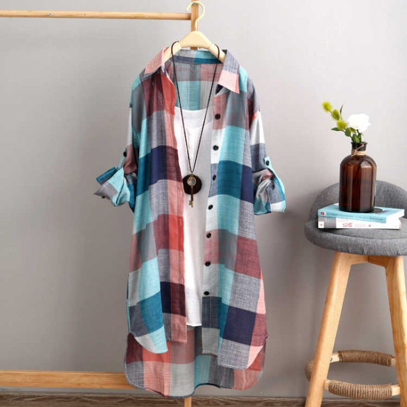 Plus Plaid Print Button Front High Low Roll Up Sleeve Shirt Without Tee & Necklace, Casual Oversized Long Sleeve Collared Top For Spring & Fall, Women's Breathable & Thin Clothes For Daily Wear