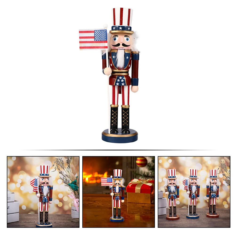 1pc Nutcracker Soldier Ornament Wooden Walnut Soldier Ornament Patriotic Nutcracker Christmas Party Decoration Nutcracker Christmas Decor Desktop USA Flags Painted Doll Lotus Tree