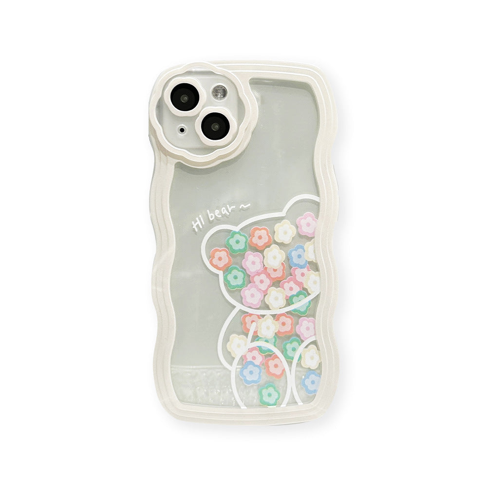 Compatible with iPhone 14 Case Clear with Floral Bear Design for Men Women Girls,Aesthetic Cute Wavy Flowers Soft Shockproof Cell Phone Cover for iPhone 14