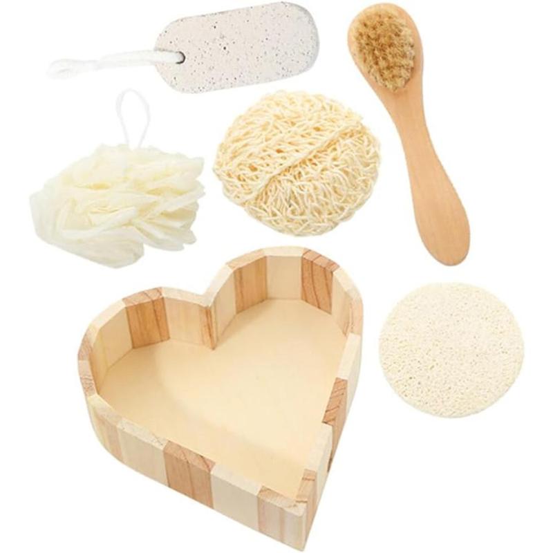 6pcs Bath Body Brush Set With Wooden Heart Shaped Box, Spa Massage Brush, Bath Loofah & Bath Brush Set, Skin Care Tool, Bathing Accessories, New Year Birthday Gift For Girls Boys Friends Parents