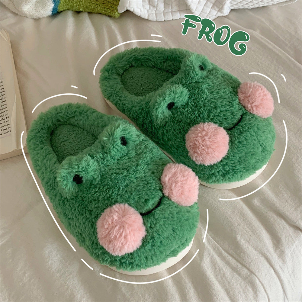 Women's Cute Cartoon Frog Design Slide Slippers for Girls, Winter Plush Warm Bedroom Fuzzy Slippers, Non-slip Comfortable Home Footwear & Walking Shoes, Holiday Gifts