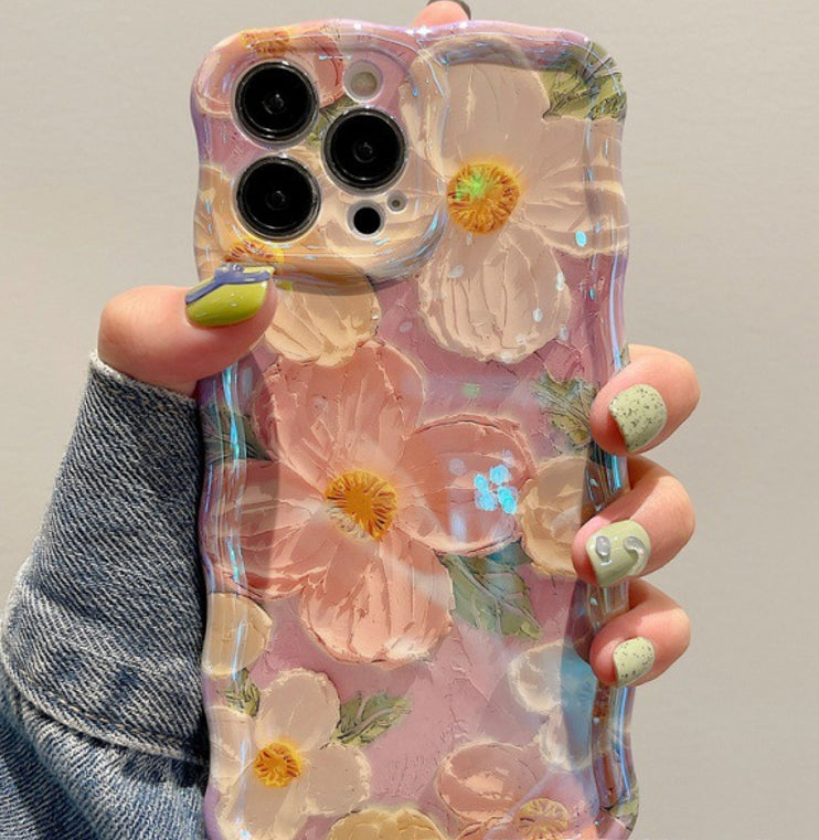 Case for iPhone 13 Pro Max, Colorful Retro Oil Painting Printed Flower Laser Glossy Pattern Cute Curly Wave Edge Exquisite, Stylish Durable TPU Protective Phone Cover for Girls Women