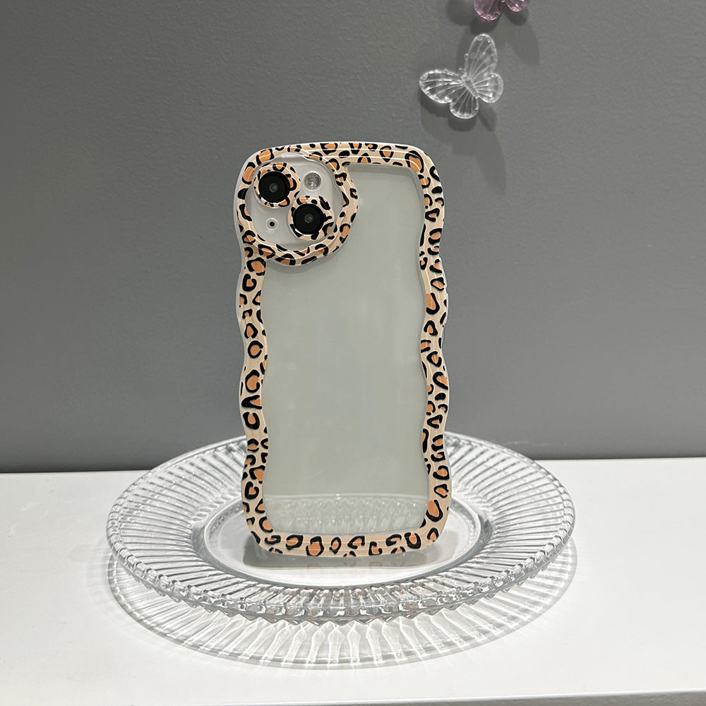 Compatible with iPhone 14 Plus Case Clear with Green Leopard Print Frame Design for Men Women Girls,Aesthetic Cute Wavy Soft Shockproof Cell Phone Cover for 14 Plus