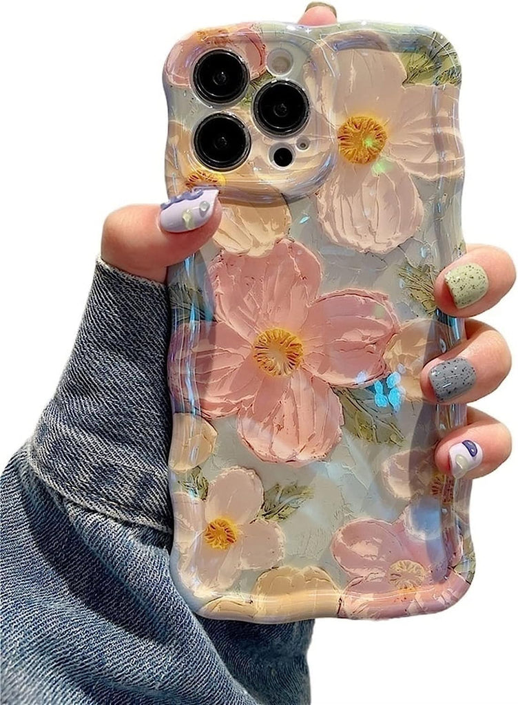 Case for iPhone 13 Pro Max, Colorful Retro Oil Painting Printed Flower Laser Glossy Pattern Cute Curly Wave Edge Exquisite, Stylish Durable TPU Protective Phone Cover for Girls Women