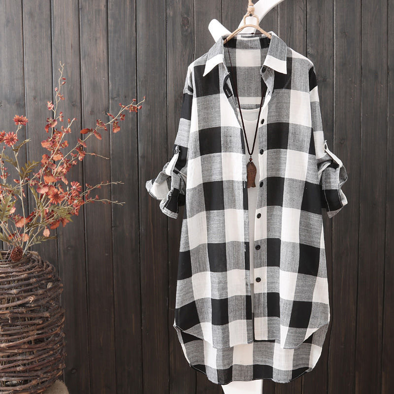 Plus Plaid Print Button Front High Low Roll Up Sleeve Shirt Without Tee & Necklace, Casual Oversized Long Sleeve Collared Top For Spring & Fall, Women's Breathable & Thin Clothes For Daily Wear