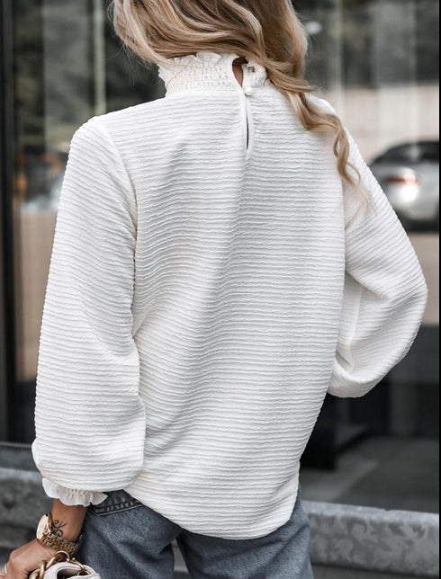 Women's Textured Frill Trim  Mock Neck Tee, T-Shirt for Spring & Fall, Women's Top for Daily Outdoor Wear