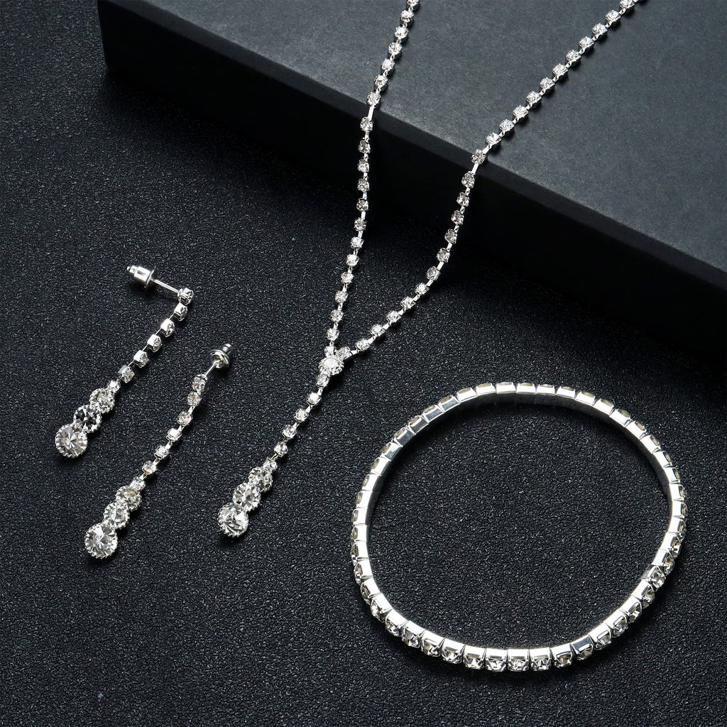 Silver Bridal Jewelry Set Rhinestone Necklace Bracelet Dangle Earrings for Bride Bridesmaid Teardrop Pendant Crystal Wedding Prom Jewelry Accessories for Women