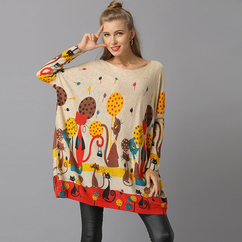 Autumn and Winter New European and American plus Size Women's Knitwear Cat Printing off-Neck Loose Pullover Female Fashion