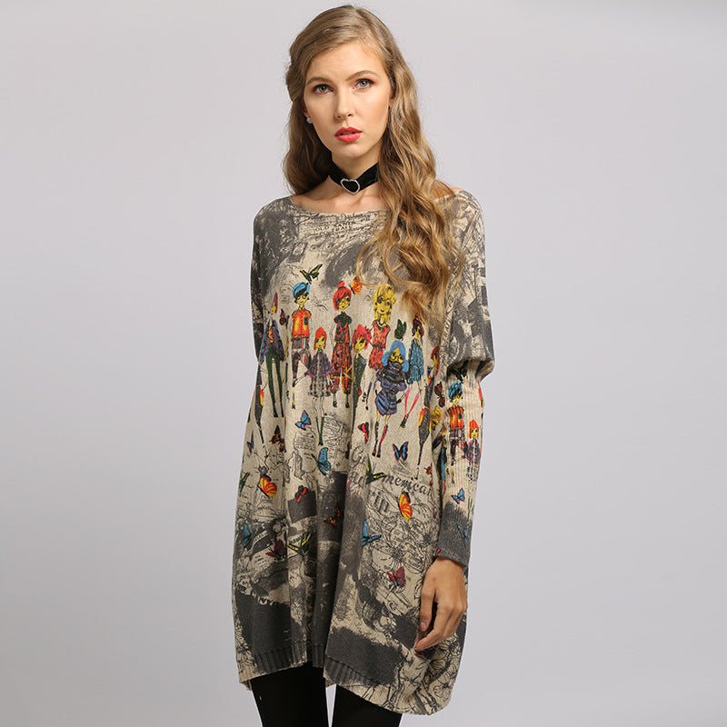 Autumn New Large Size Loose and Simple Printed Sweater Batwing Sleeve Pullover Sweater for Women