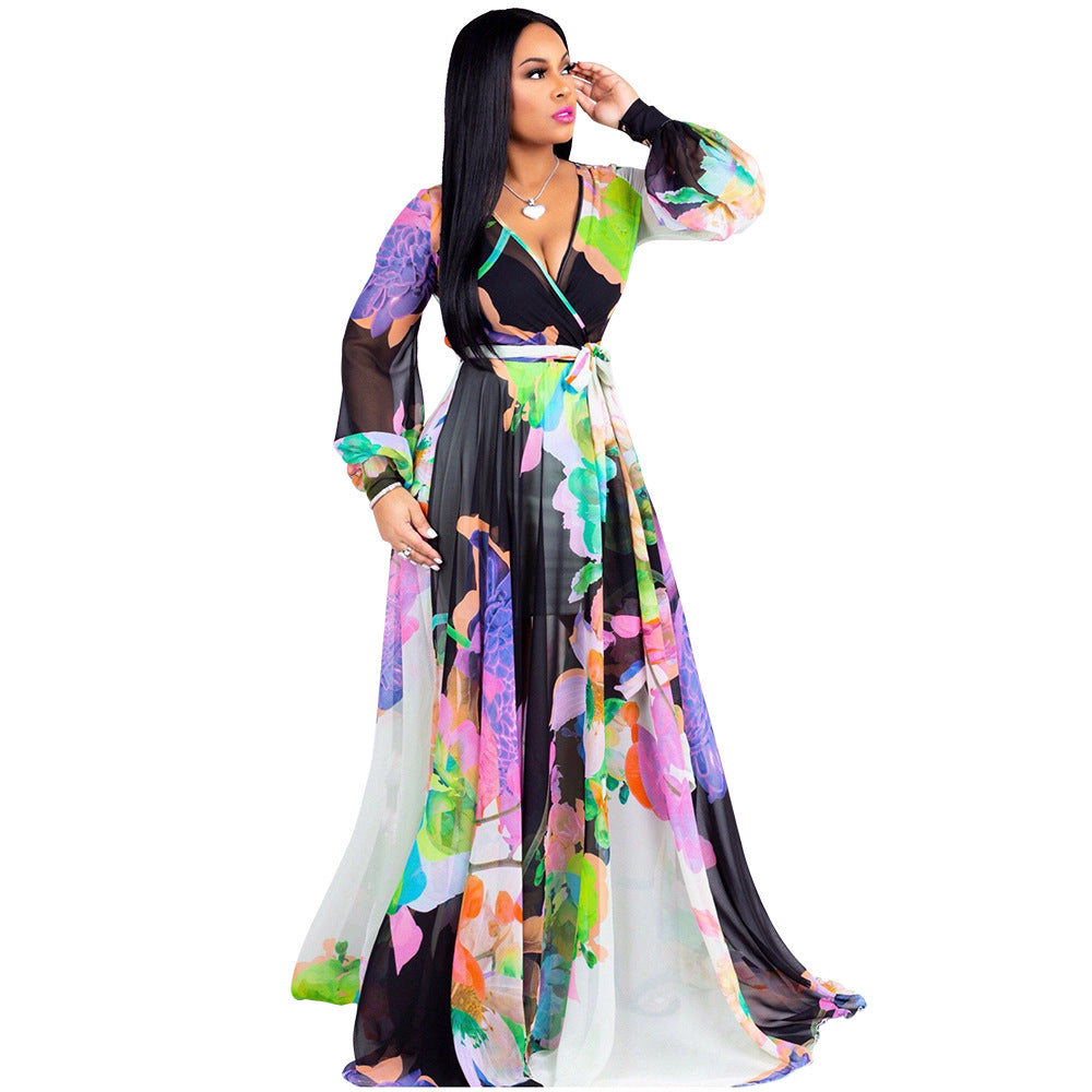 YM-8214 Women's Long Sleeve Floral Printed Sexy V Neck Chiffon Maxi Dress