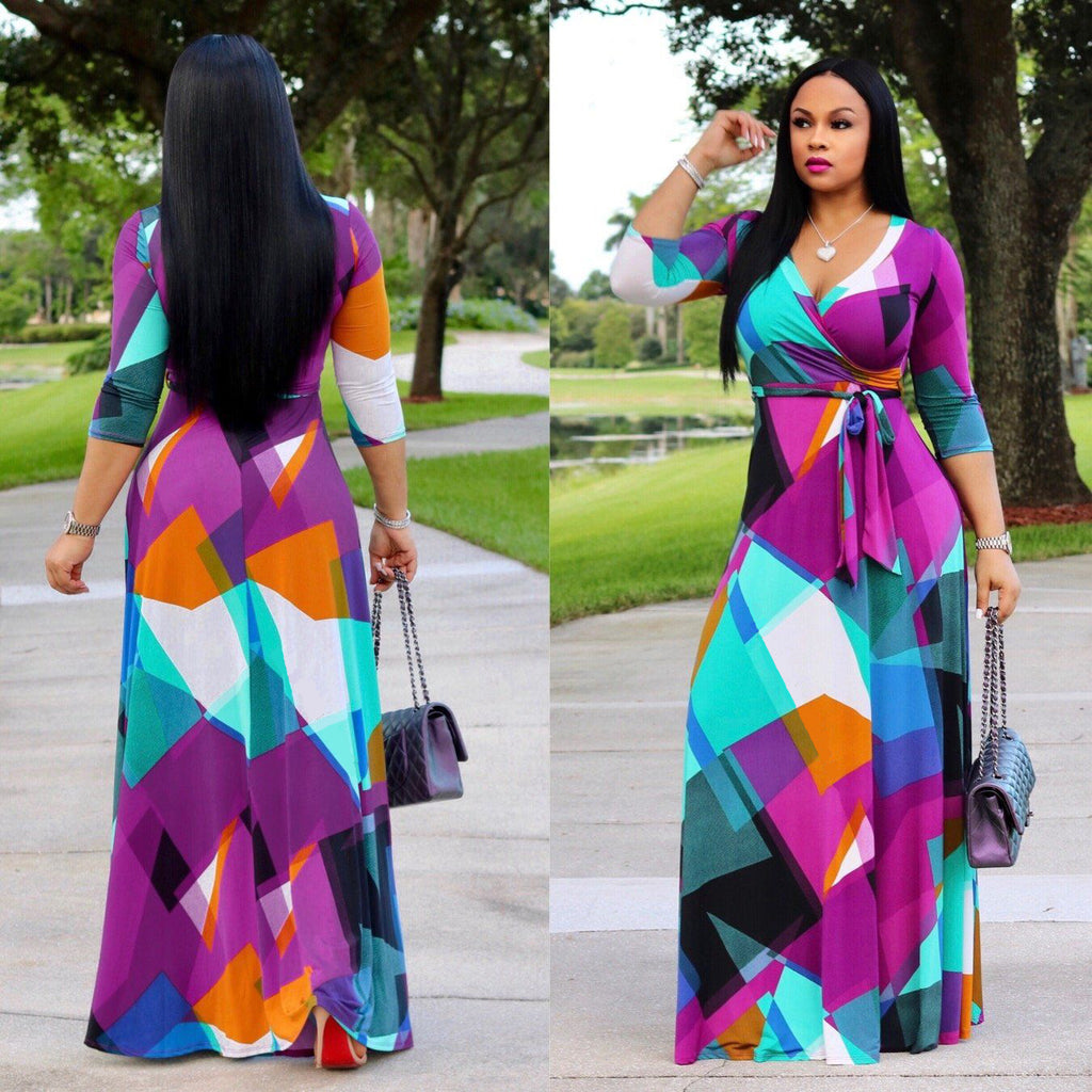 YM-8193 women fahshion 3/4 sleeve v neck foral printed maxi dress