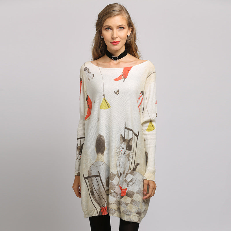 Cartoon Loose Printed plus Size Knitwear Bat Sleeve Pullover Women's Sweater