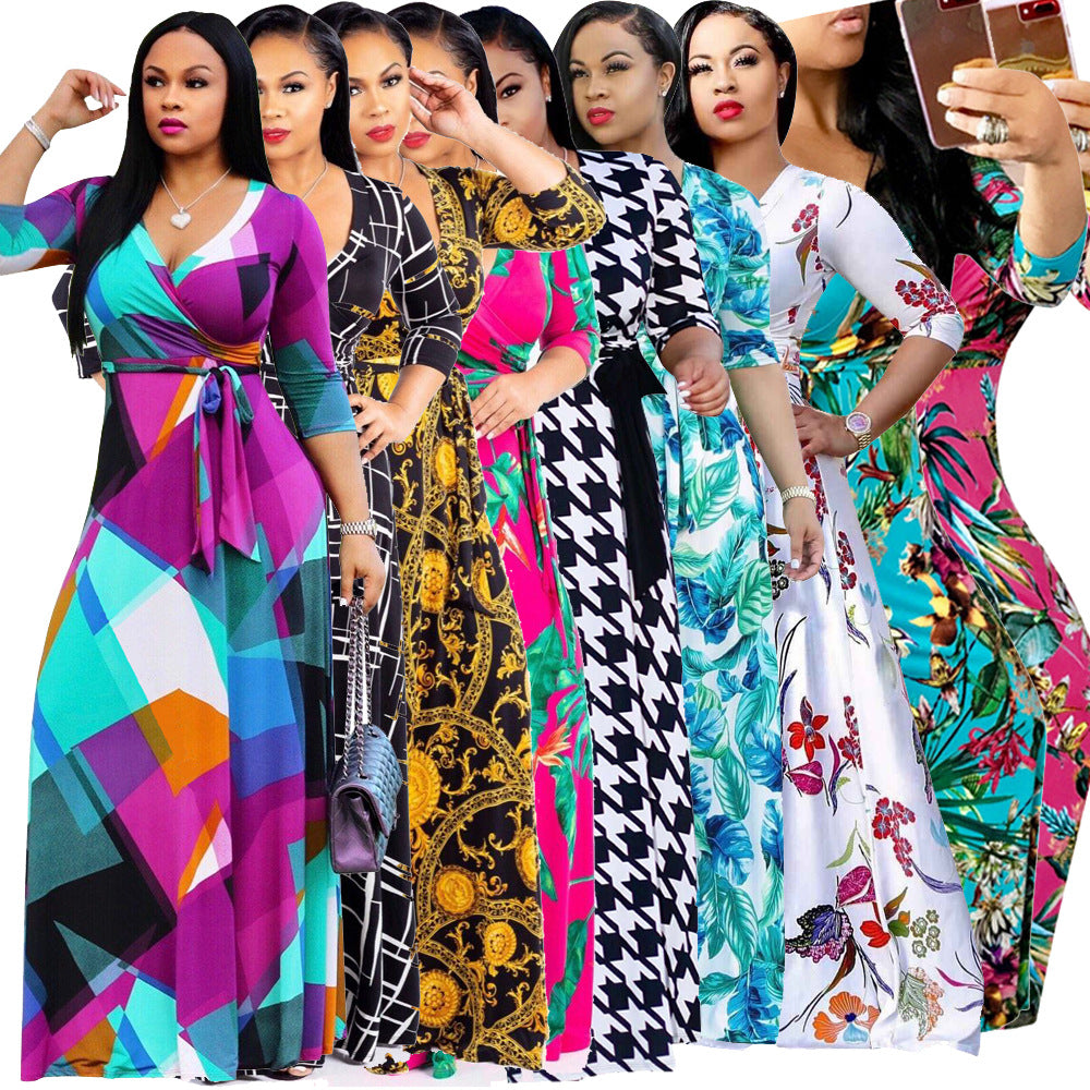 YM-8193 women fahshion 3/4 sleeve v neck foral printed maxi dress