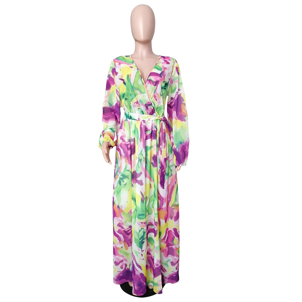 YM-8214 Women's Long Sleeve Floral Printed Sexy V Neck Chiffon Maxi Dress