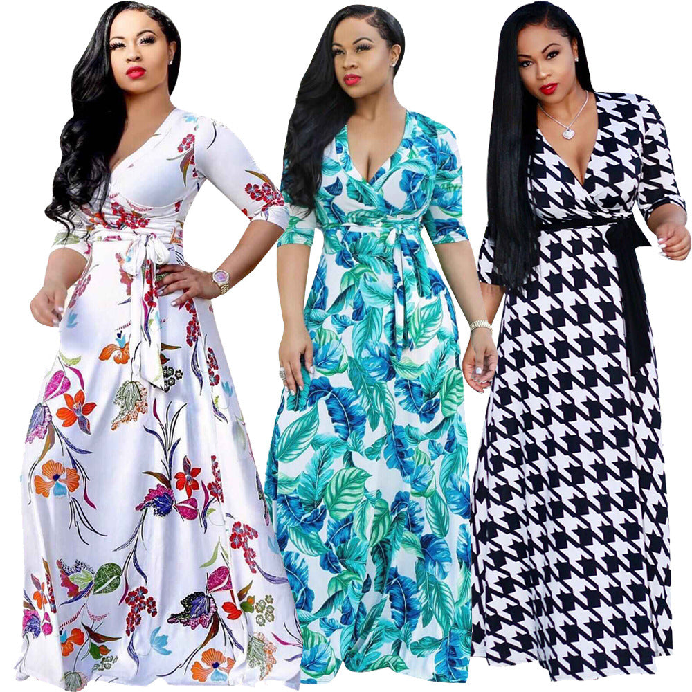 YM-8193 women fahshion 3/4 sleeve v neck foral printed maxi dress