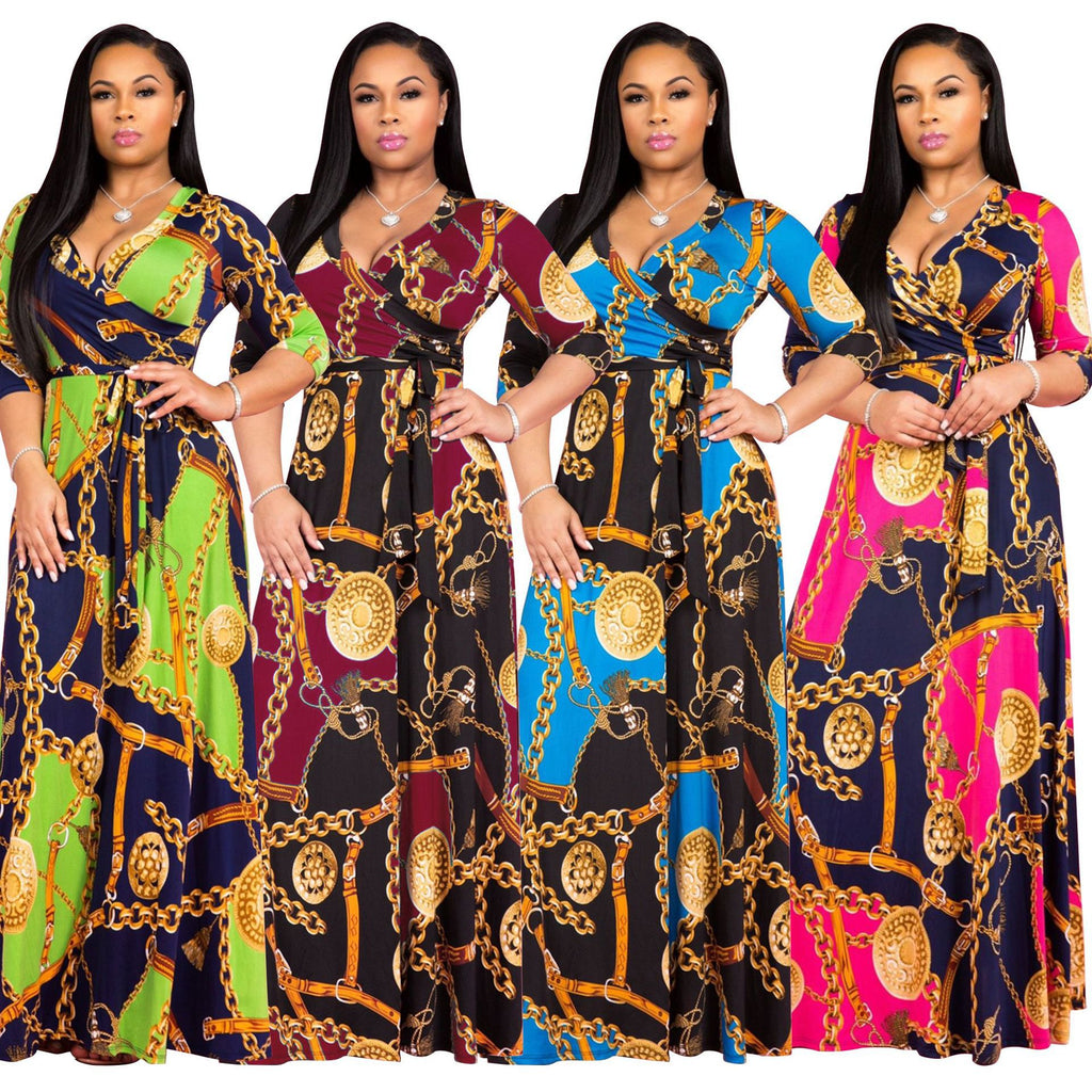 YM-8193 women fahshion 3/4 sleeve v neck foral printed maxi dress