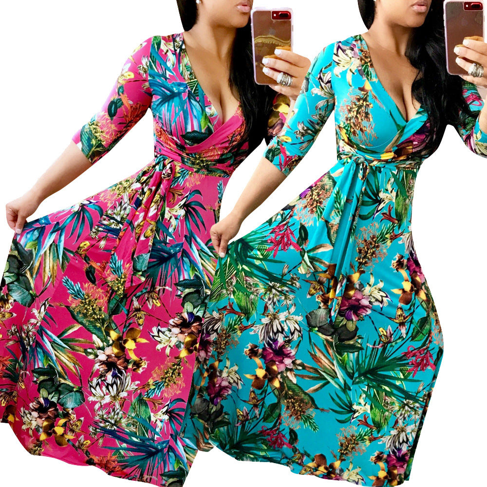 YM-8193 women fahshion 3/4 sleeve v neck foral printed maxi dress