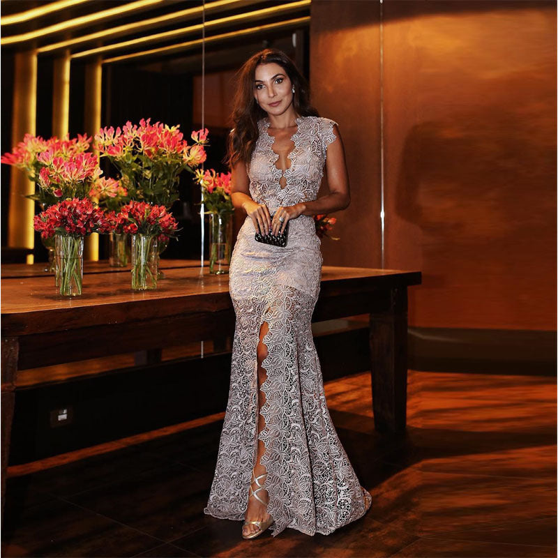 Sexy Deep V Slim Dress Lace Long Dress
