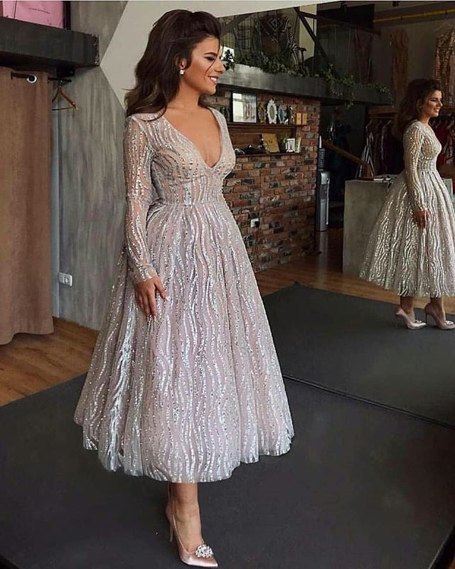 Sexy Deep V Long Sleeve See-through Dress