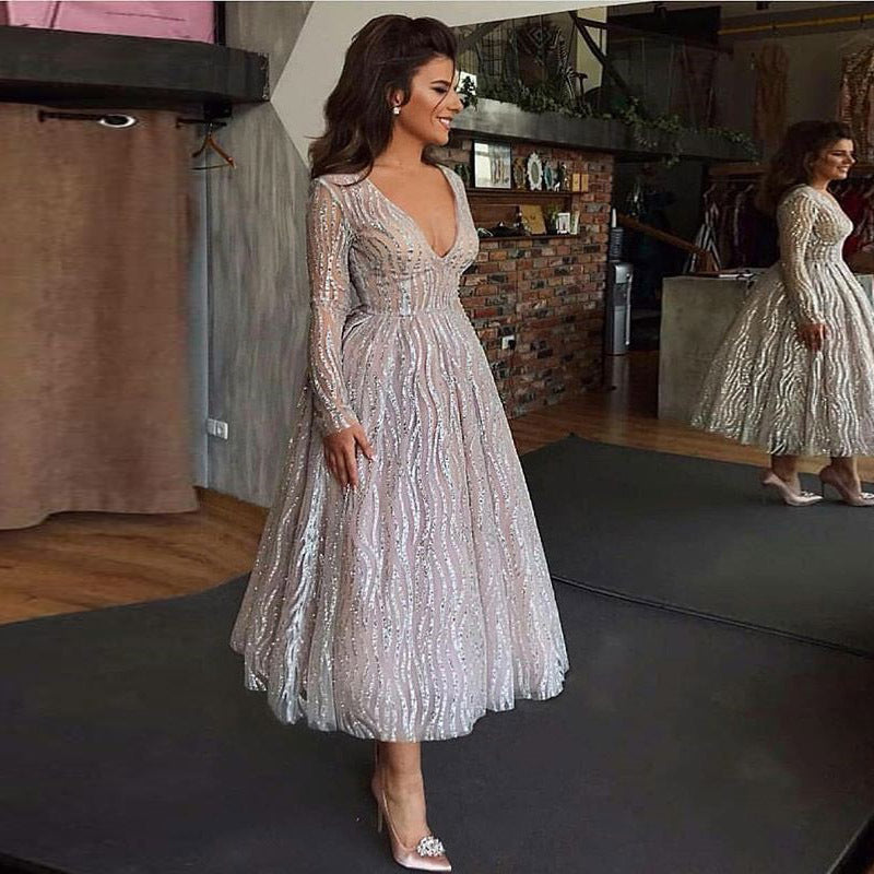 Sexy Deep V Long Sleeve See-through Dress