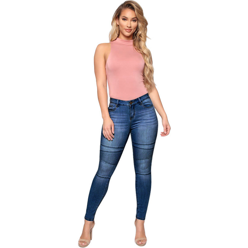 American European and American Foreign Trade Women's Stretch Denim Blue Pants Denim Women