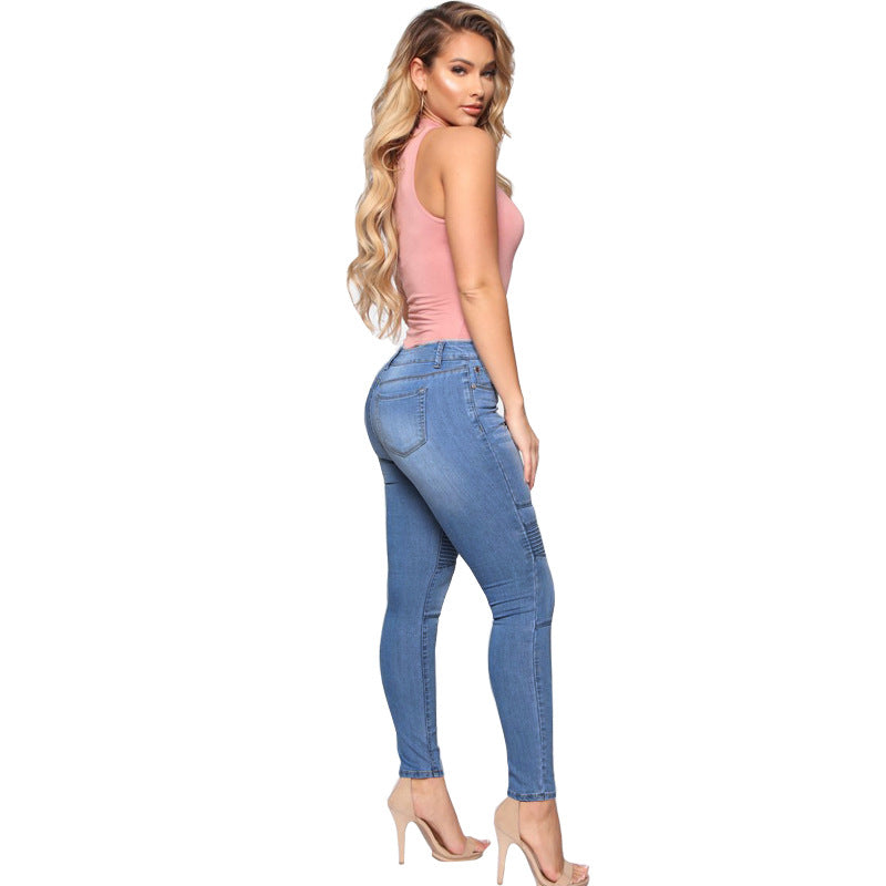 American European and American Foreign Trade Women's Stretch Denim Blue Pants Denim Women