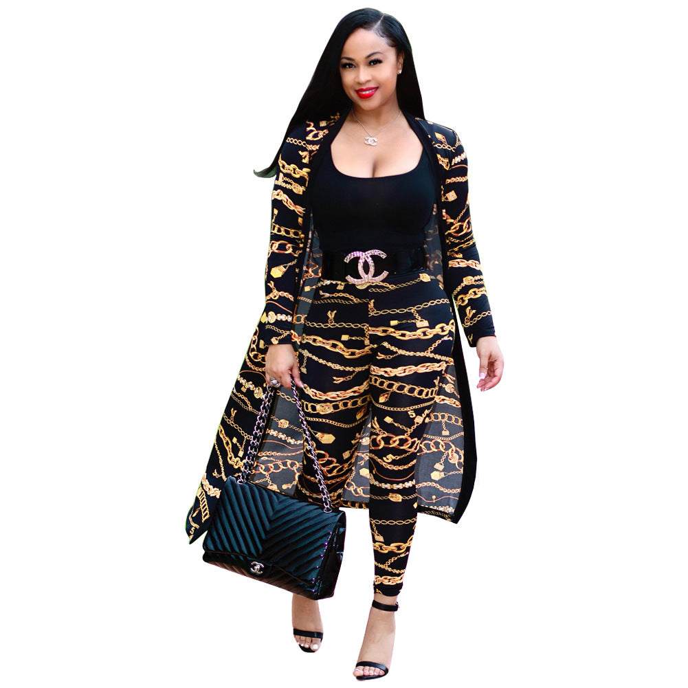 X9189 Long Sleeve Printed Coat Cloak Tights Two-Piece Set Asia, Europe and America Women's Clothing