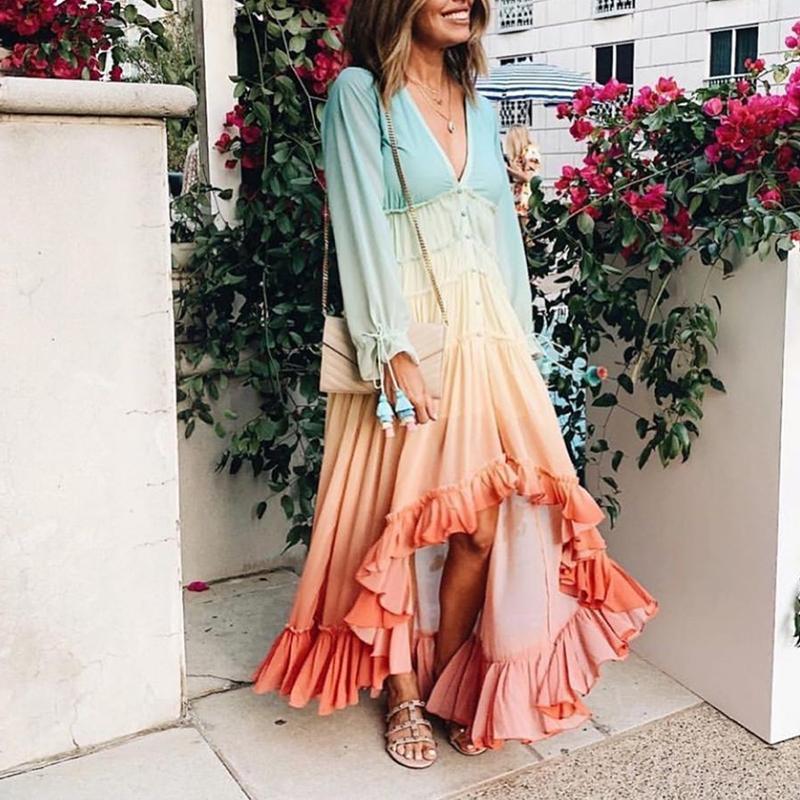 Deep V Long Sleeve Gradient Dress Long Skirt