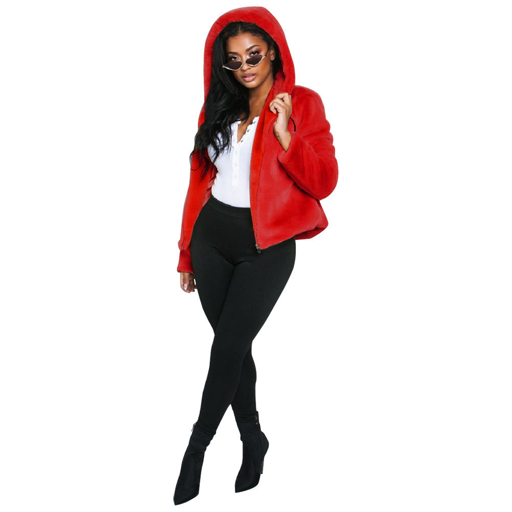 X9201 Fashion Hooded Zipper Fur Fluff Coat European and American Women's Clothing