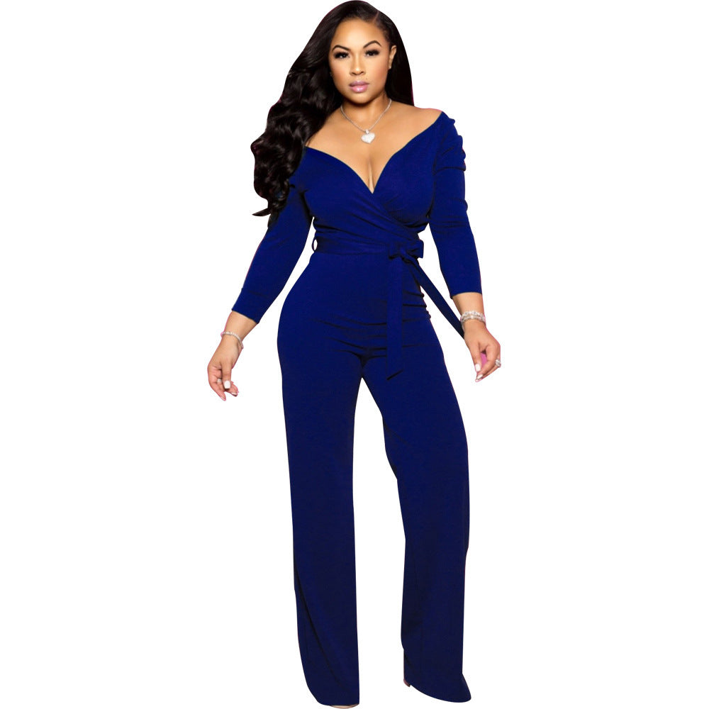 X9202 European and American Fashion Long Sleeve Solid Color and V-neck Tight Jumpsuit